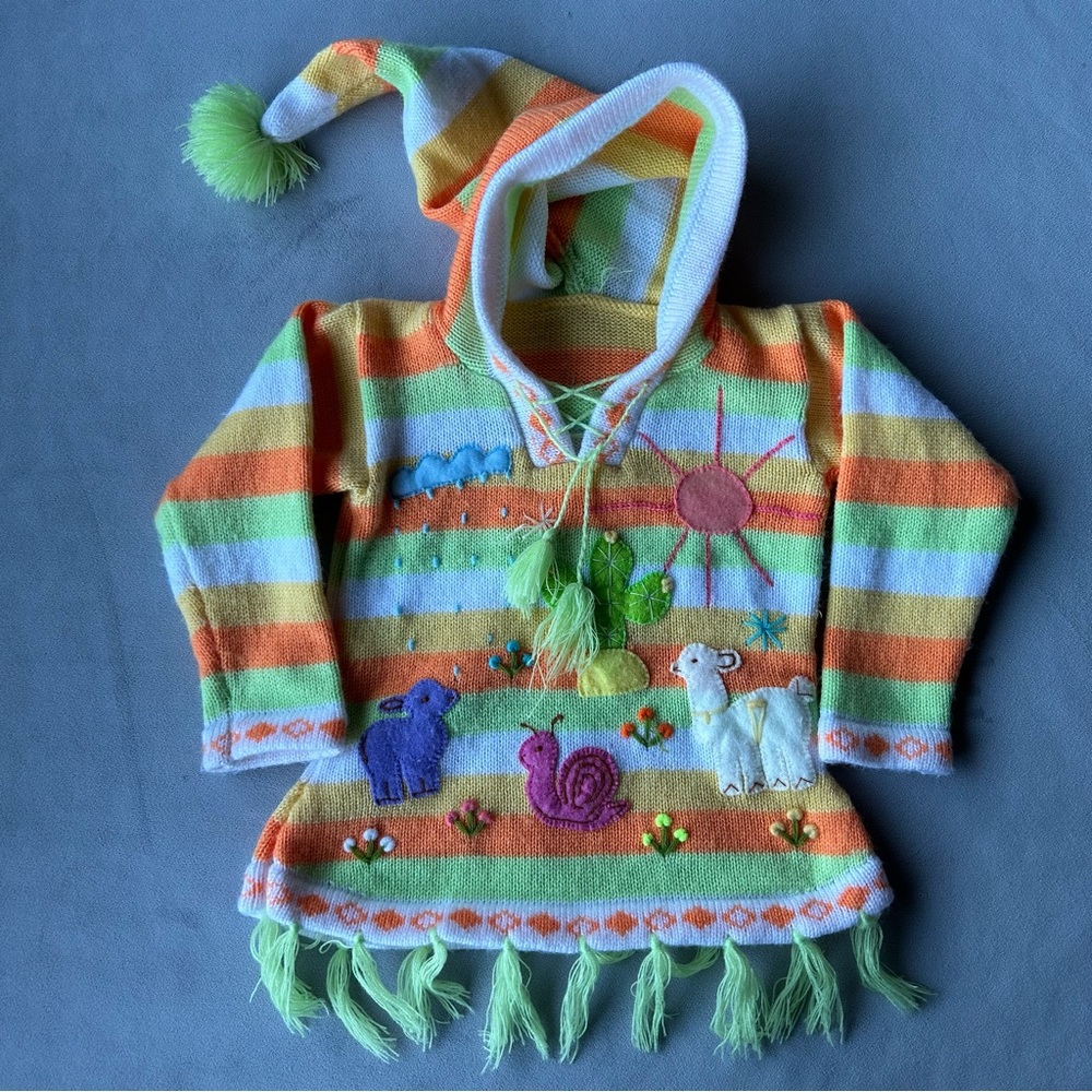 Peruvian Embroidered Striped Hooded Sweater ~ Approx Kids 3-4
